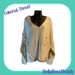 🙌Universal Thread Sweater Large Beige Open Knit V Neck Loose Fit Pullover NWT